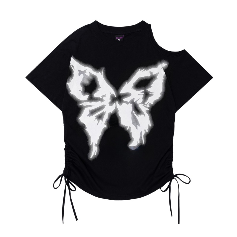 Modern Black T-Shirt with Trendy Butterfly Print